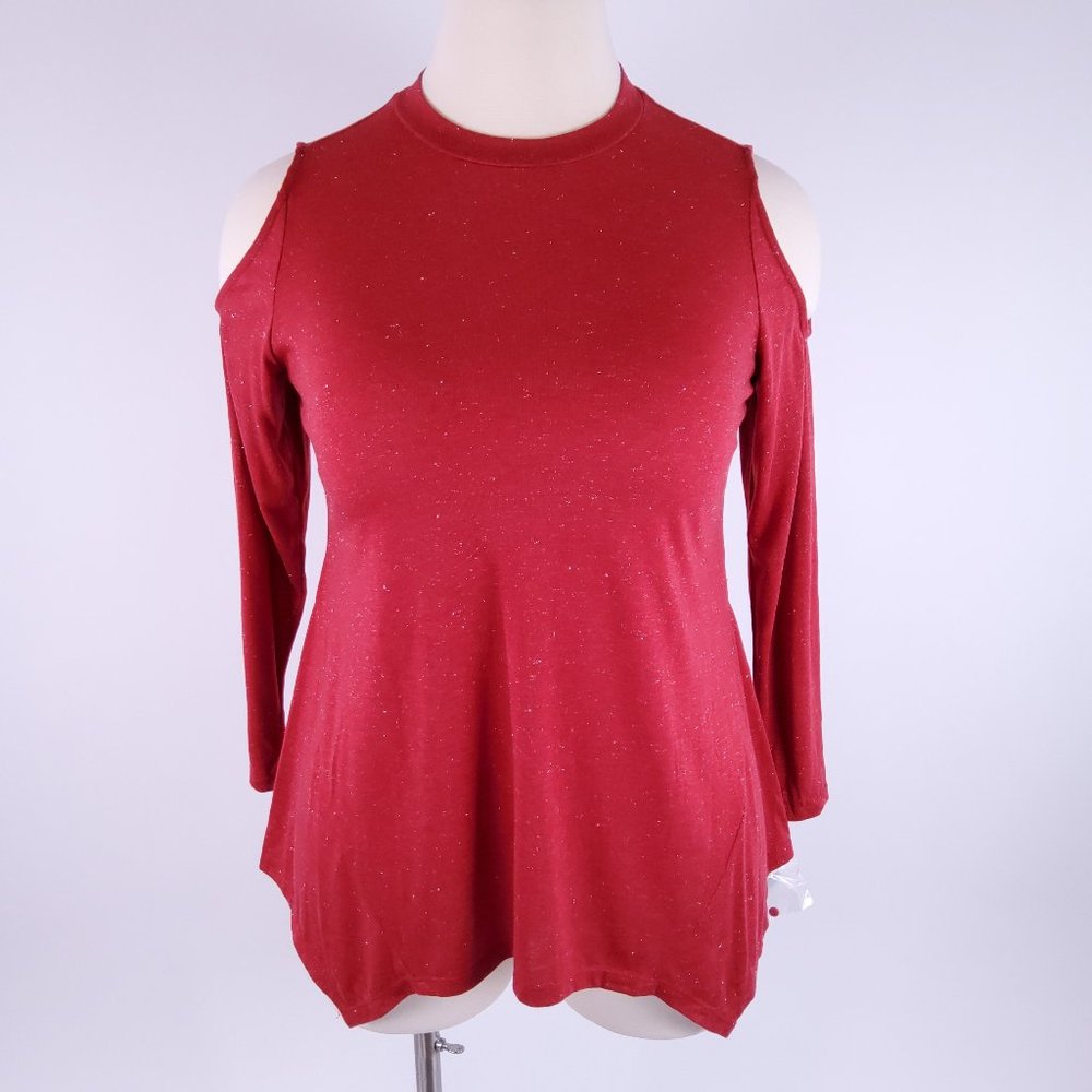 New Style & Co Women's Long Sleeve Cold Shoulder Top Red Silver Sparkles Size 0